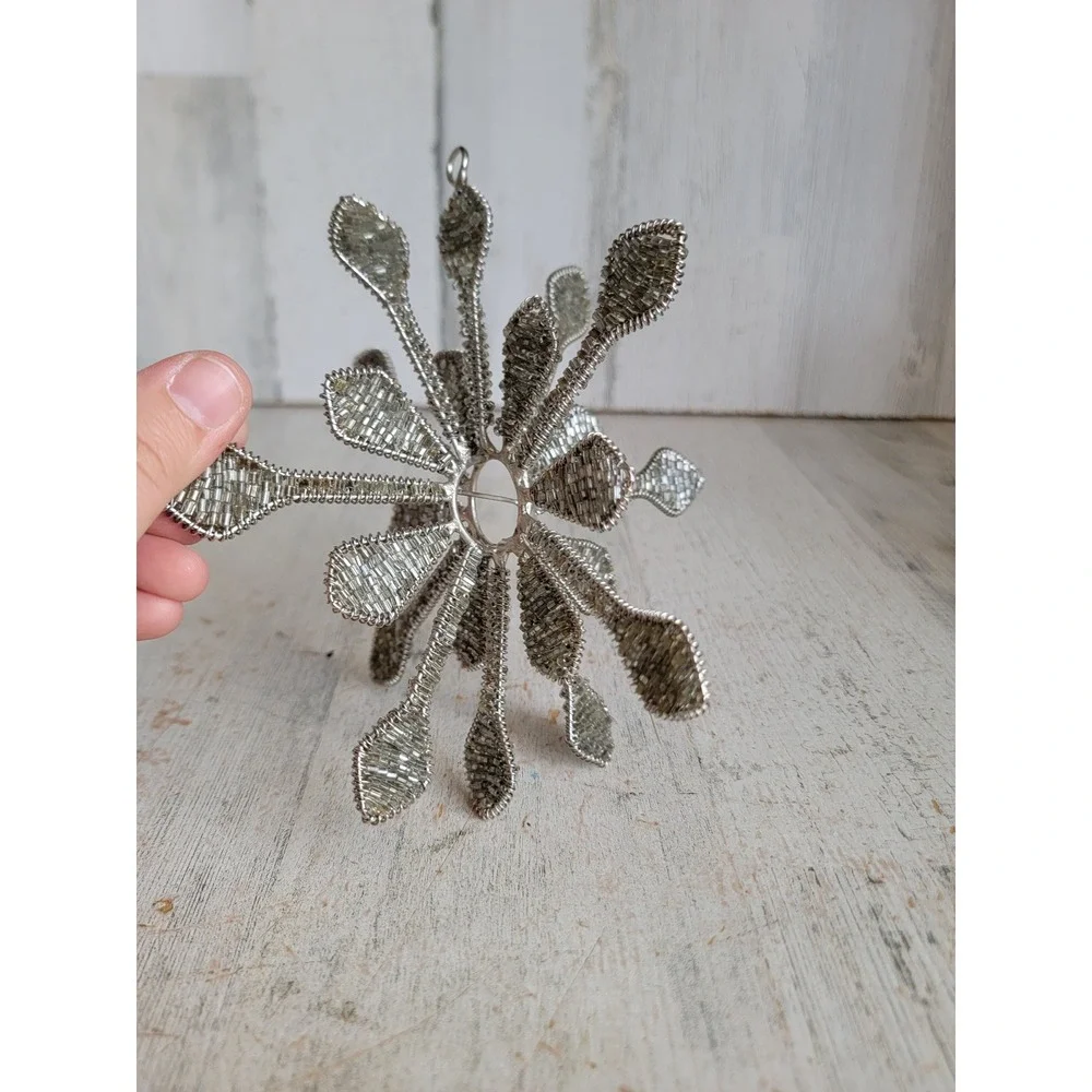 Vintage large beaded silver snowflake ornament Xmas unique 3D home decor
